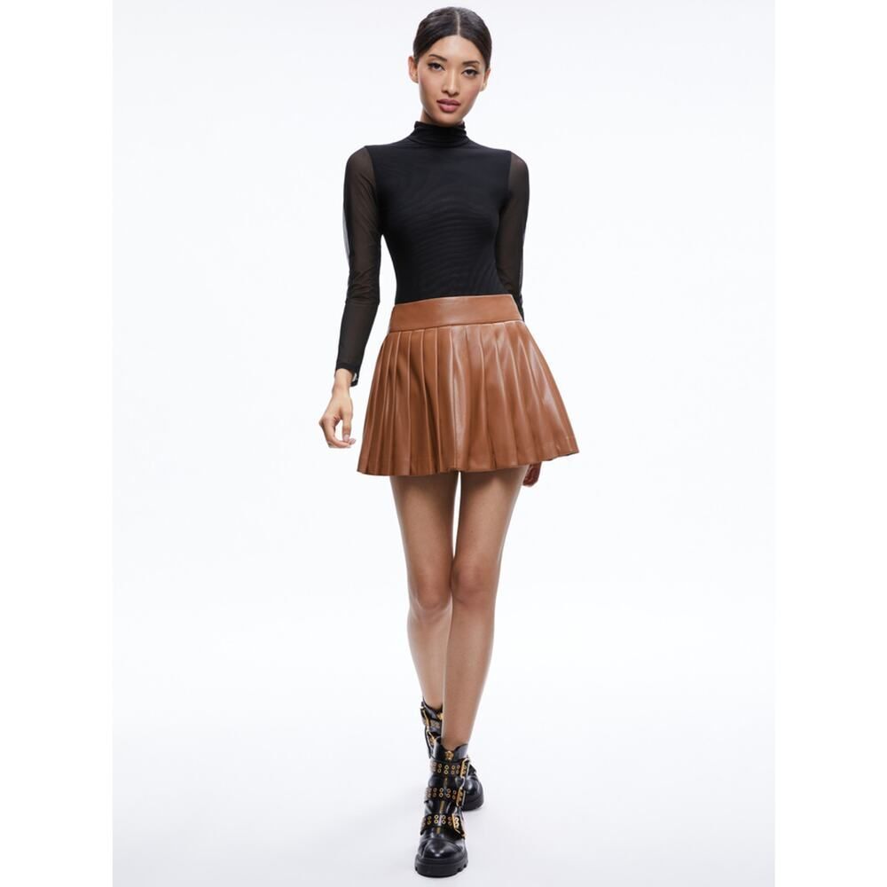 Alice + Olivia Pura Vegan Leather Pleated Skort Camel Brown 12 - Picture 4 of 6
